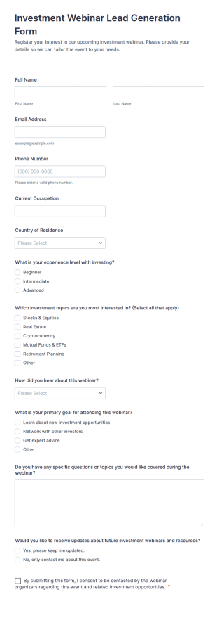 Investment Webinar Lead Generation Form Template