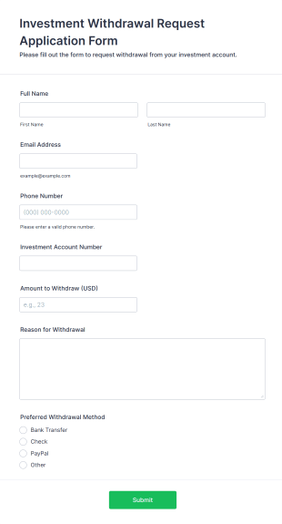 Investment Withdrawal Request Application Form Form Template