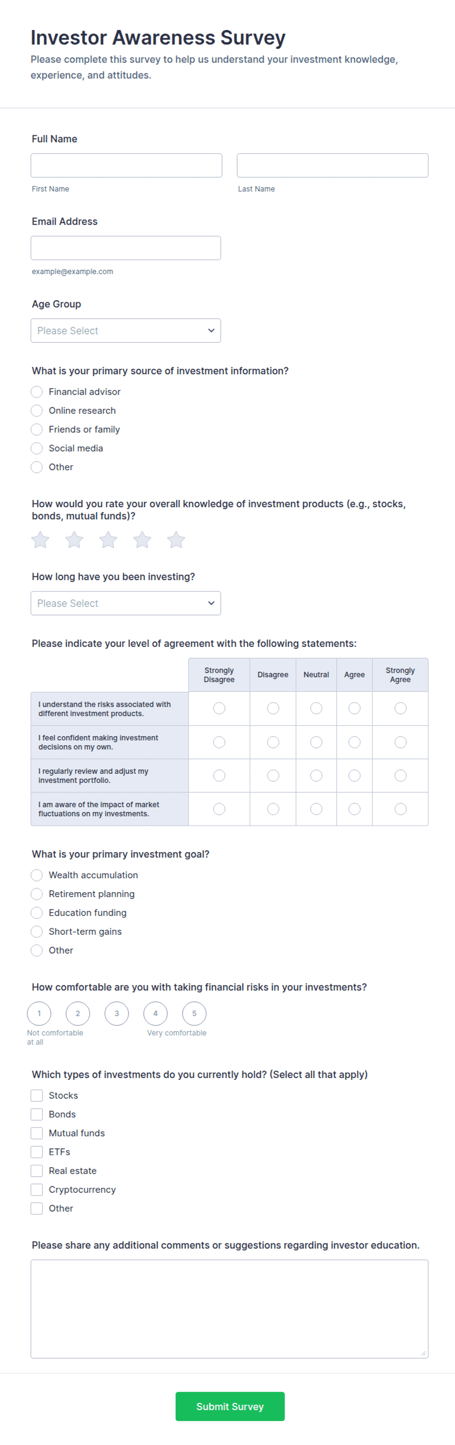 Investor Awareness Survey Form Template | Jotform