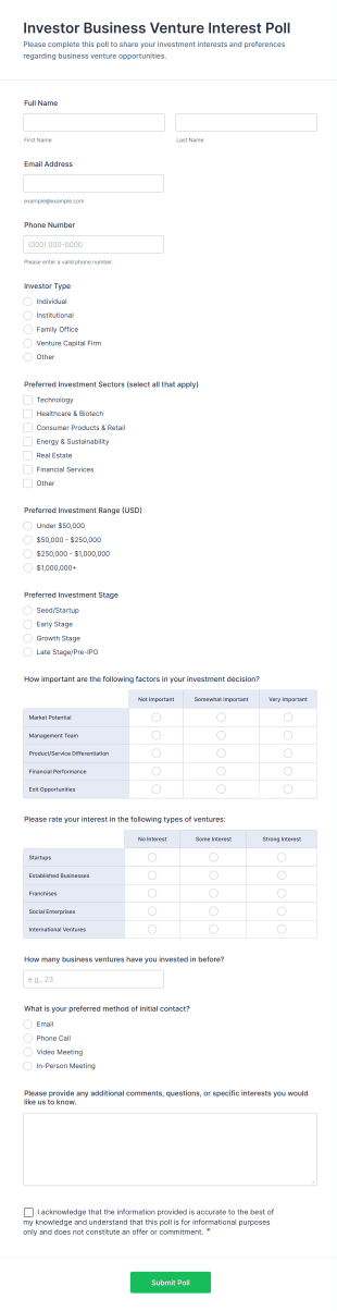 Investor Business Venture Interest Poll Form Template