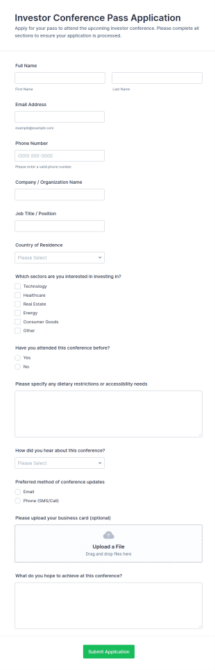 Investor Conference Pass Application Form Template