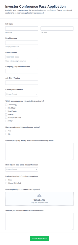 Investor Conference Pass Application Form Template