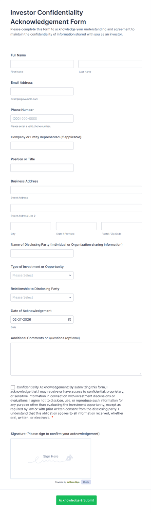 Investor Confidentiality Acknowledgement Form Template