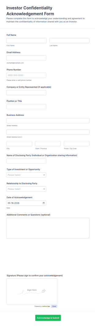 Investor Confidentiality Acknowledgement Form Template