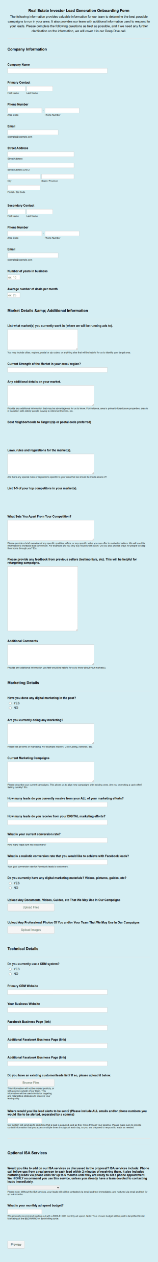 Real Estate Investor Onboarding Form Template