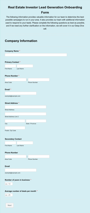 Investor Onboarding Form Template