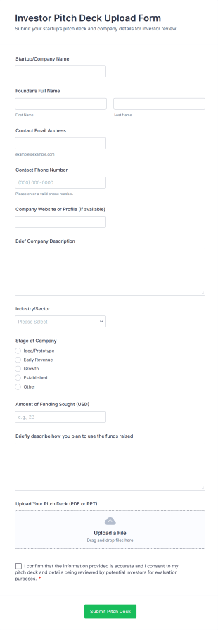 Investor Pitch Deck Upload Form Form Template