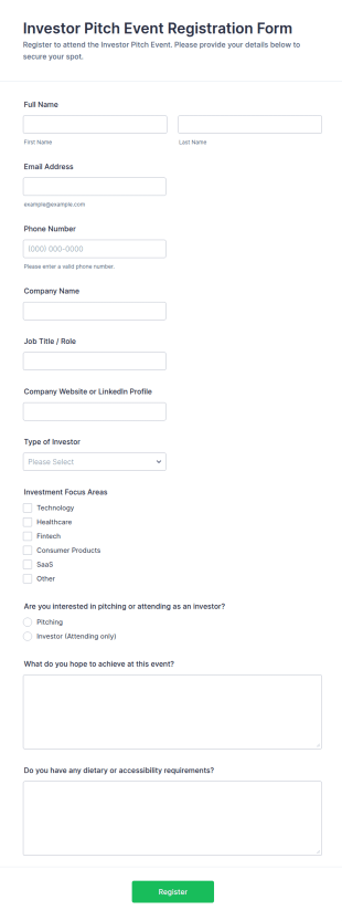 Investor Pitch Event Registration Form Template