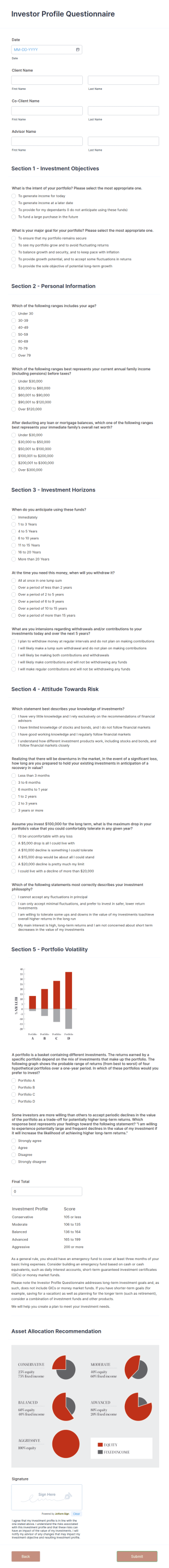 Investor Profile Questionnaire Form Template