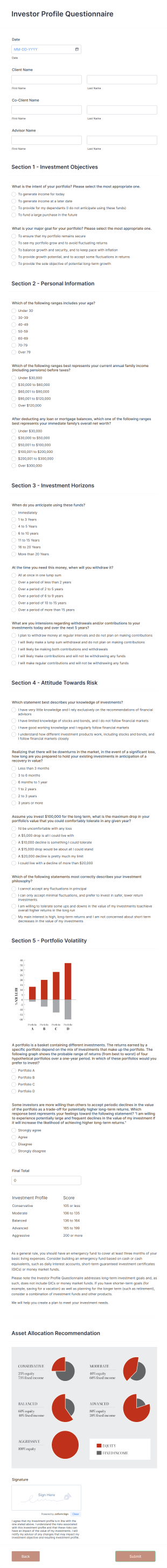 Investor Profile Questionnaire Form Template