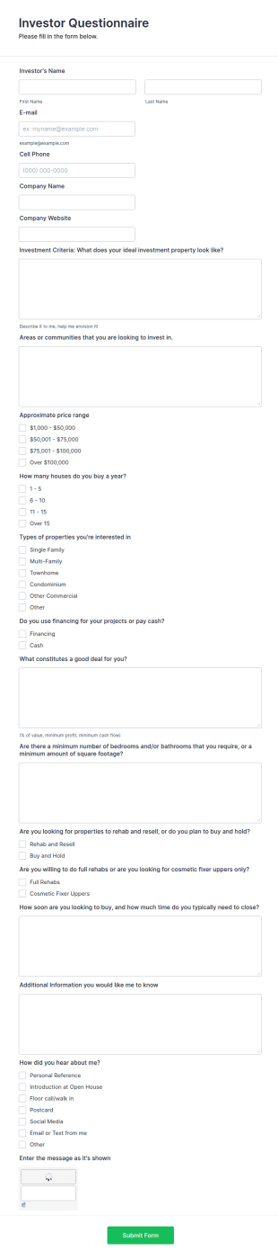 Investors Questionnaire Form Template