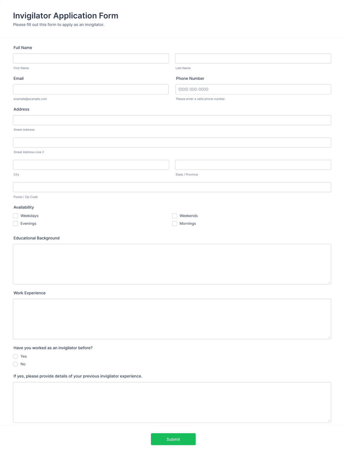 Invigilator Application Form Template | Jotform