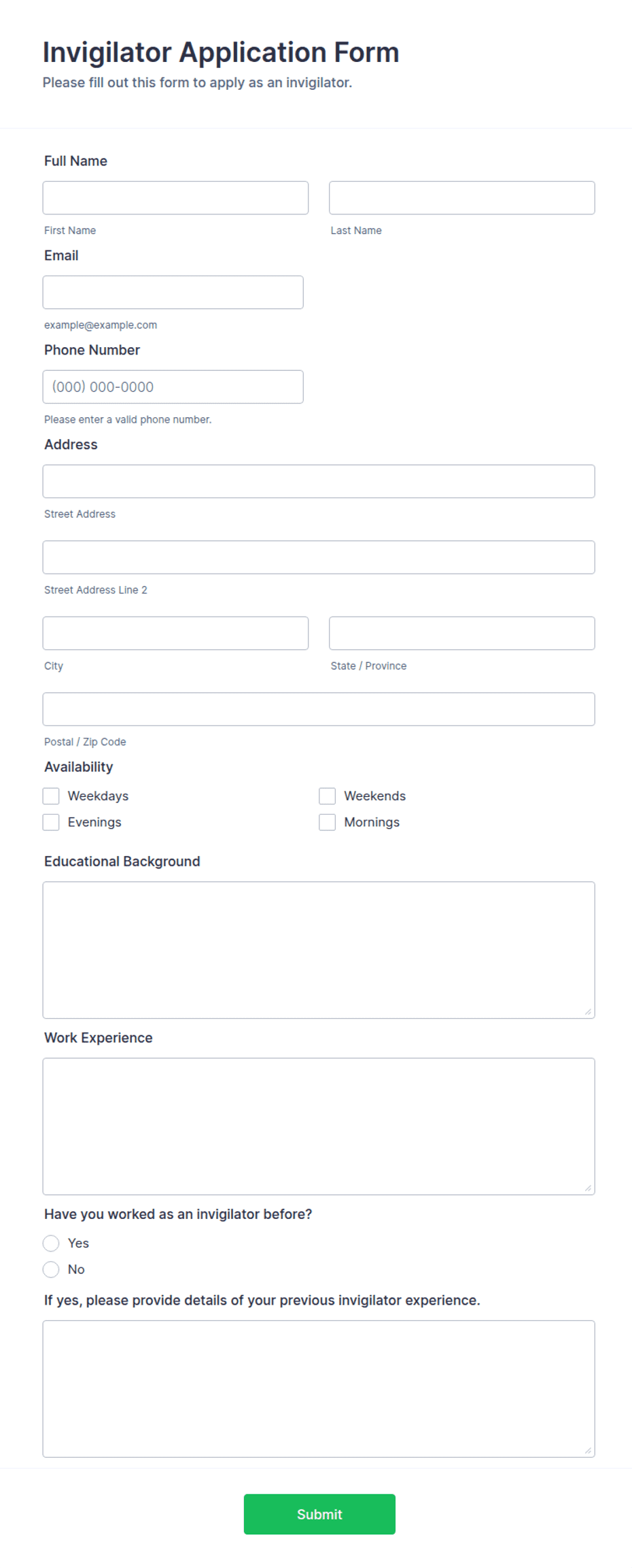 Invigilator Application Form Template | Jotform