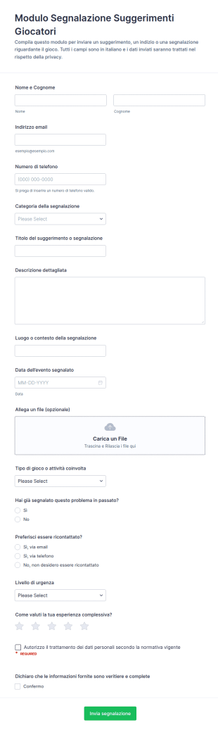 Invio Suggerimenti Del Giocatore Survey