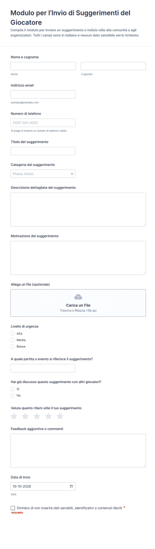 Invio Suggerimenti Giocatore Survey