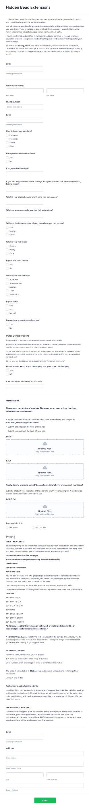 Invisible Bead Extension Consultation Form Template