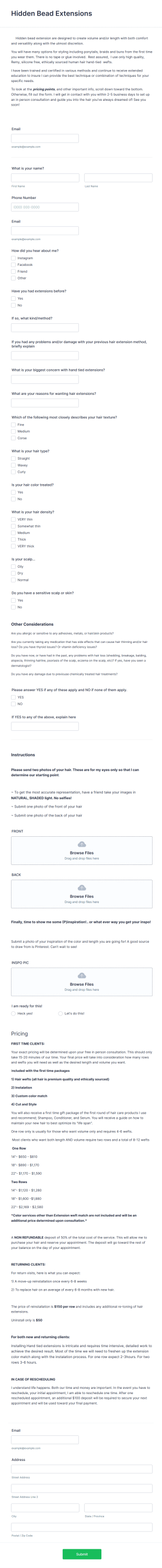 Invisible Bead Extension Consultation Form Template