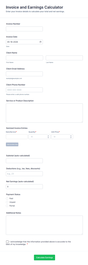 Invoice And Earnings Calculator Form Template