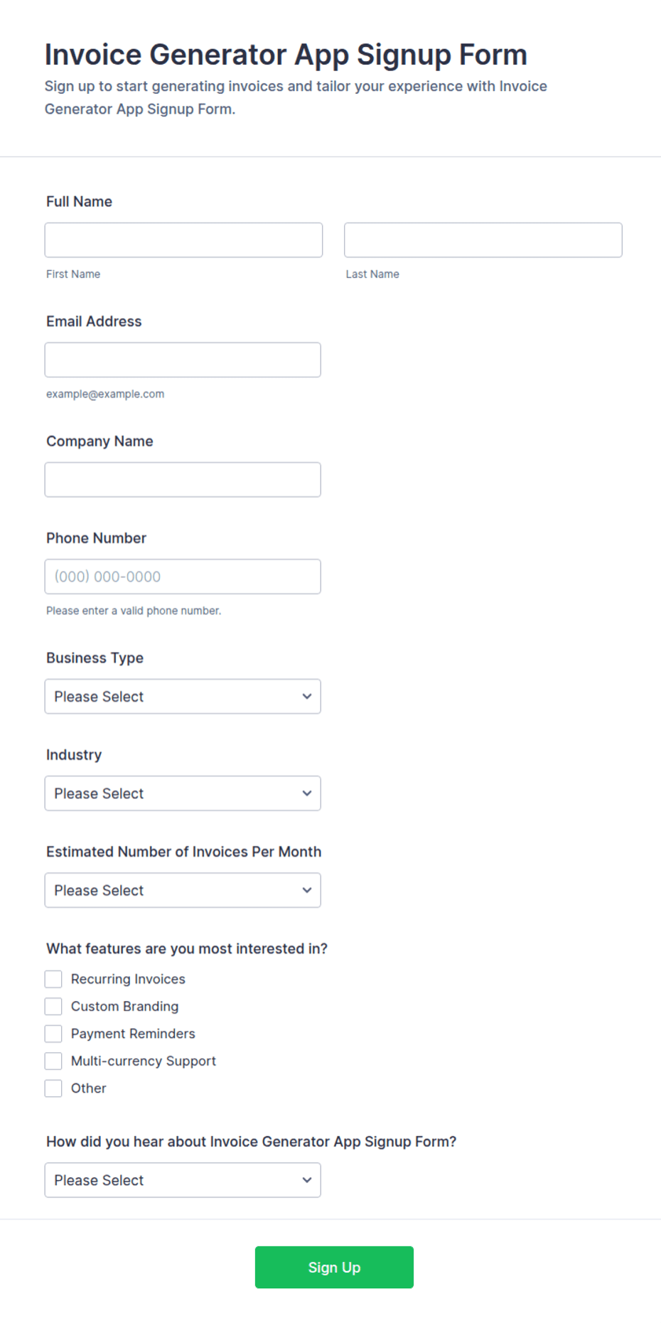 Invoice Generator App Signup Form Template | Jotform