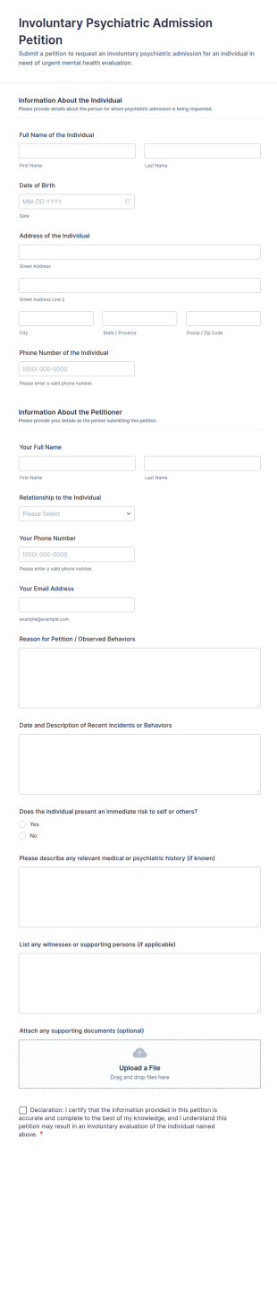 Involuntary Psychiatric Admission Petition Form Template