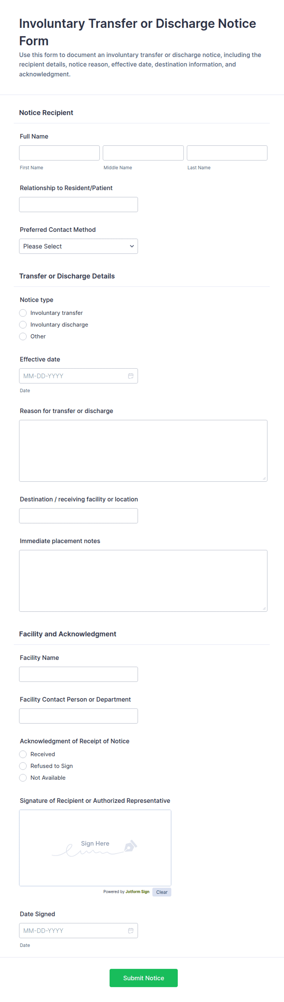Involuntary Transfer or Discharge Notice Form Template | Jotform