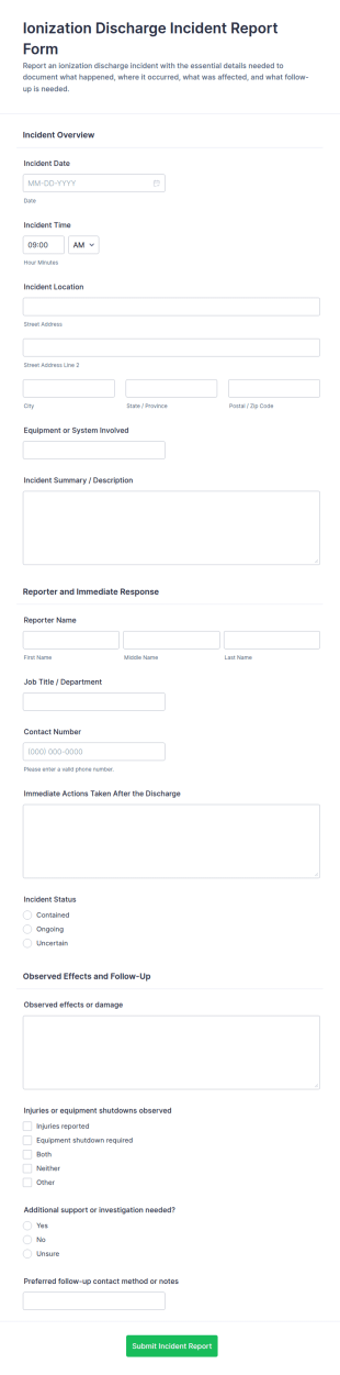 Ionization Discharge Incident Report Form Template