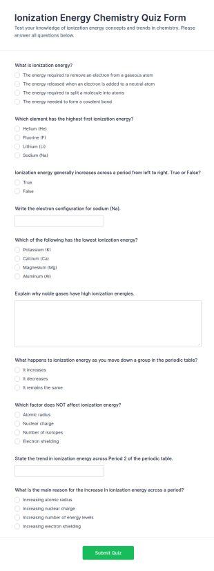 Ionization Energy Chemistry Quiz Form Template