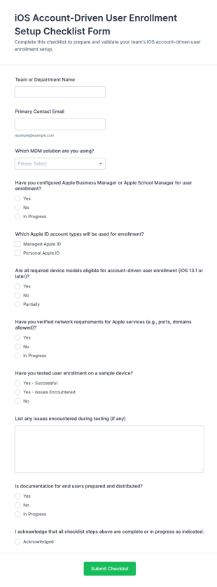 IOS Account Driven User Enrollment Setup Checklist Form Template