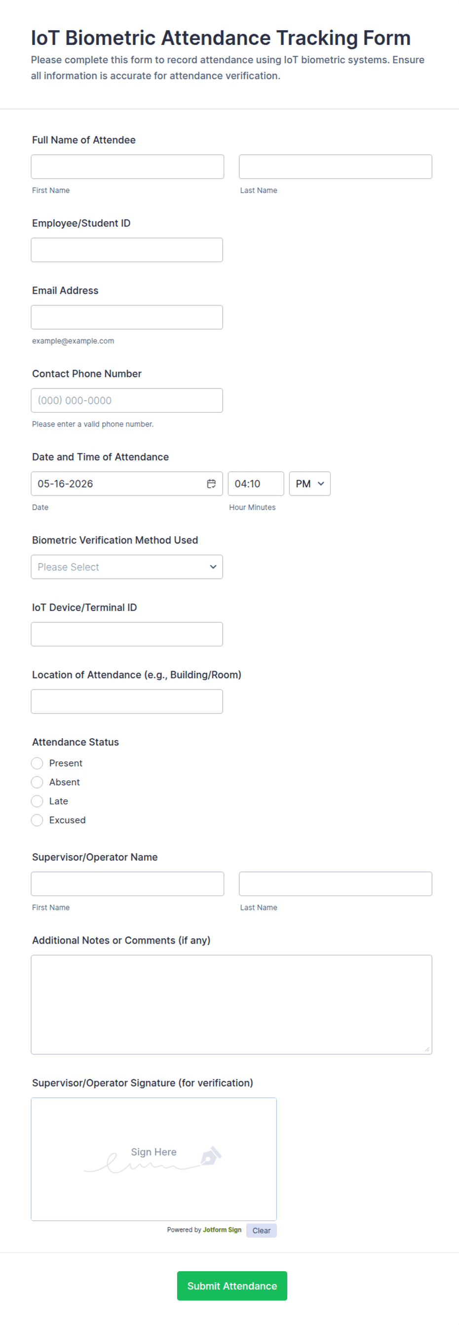IoT Biometric Attendance Tracking Form Template | Jotform