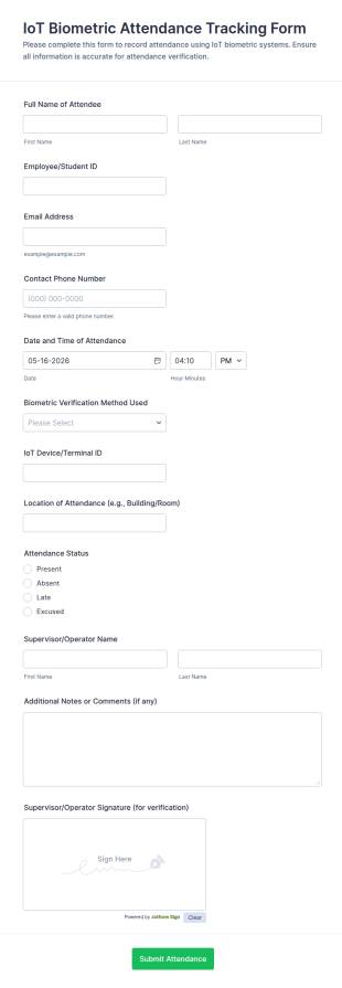 IoT Biometric Attendance Tracking Form Template