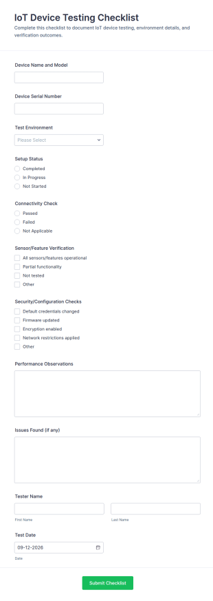 IoT Device Testing Checklist Form Template