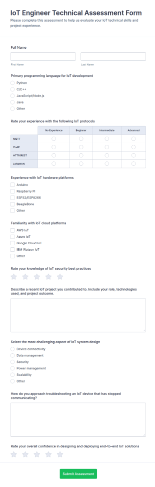 IoT Engineer Technical Assessment Form Template