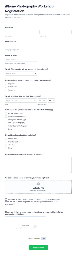 IPhone Photography Workshop Registration Form Template