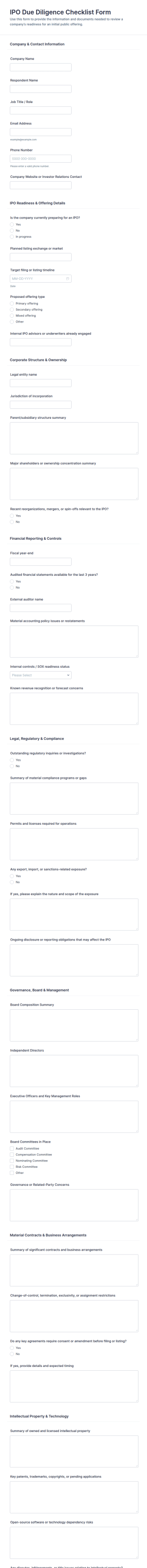 IPO Due Diligence Checklist Form Template