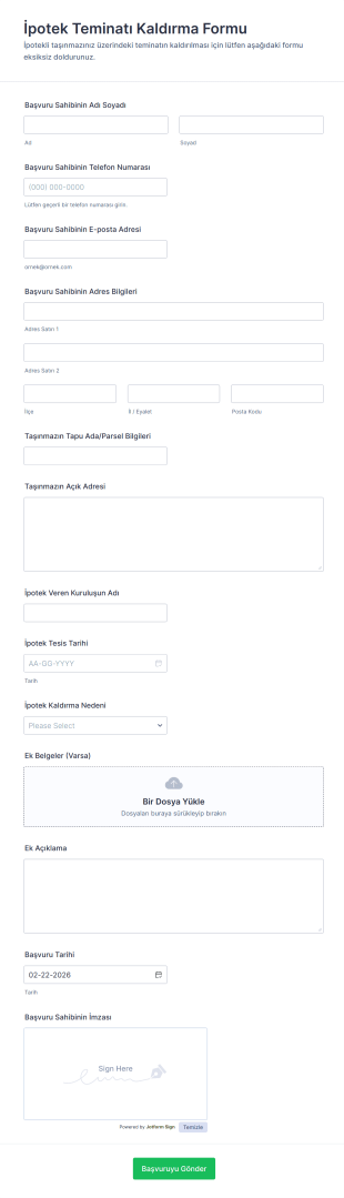 İpotek Teminatı Kaldırma Form Şablonu