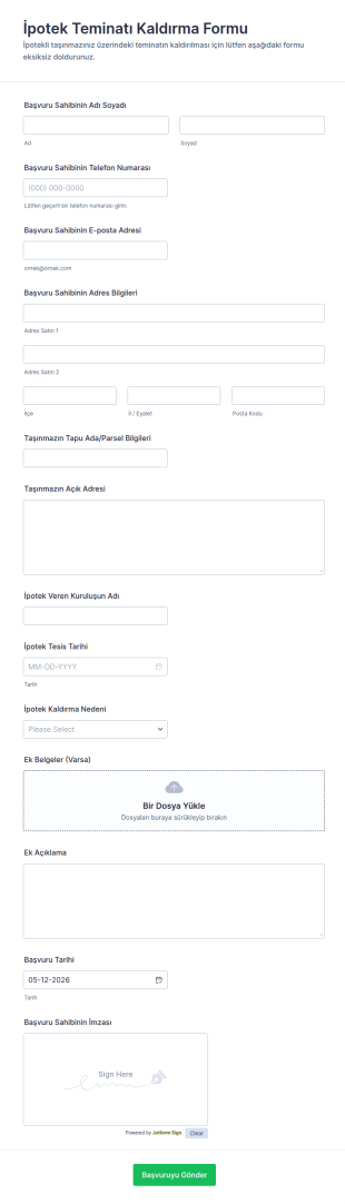 İpotek Teminatı Kaldırma Form Şablonu