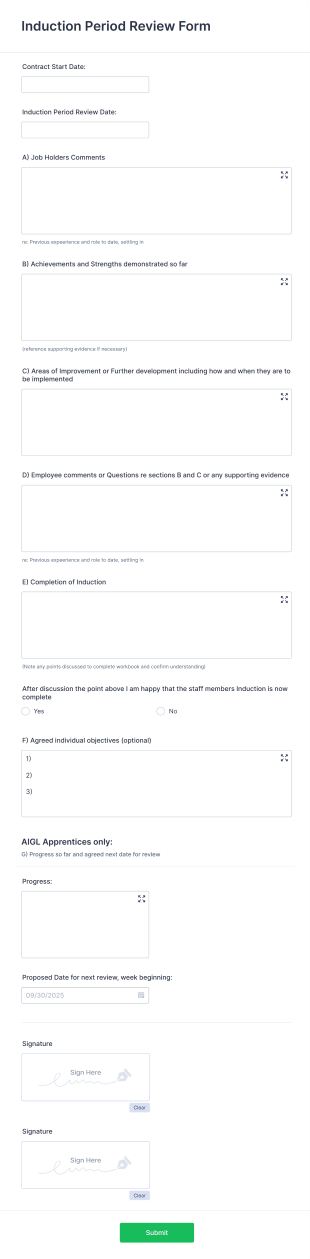 Induction Period Review Form Template