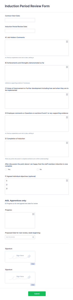 Induction Period Review Form Template