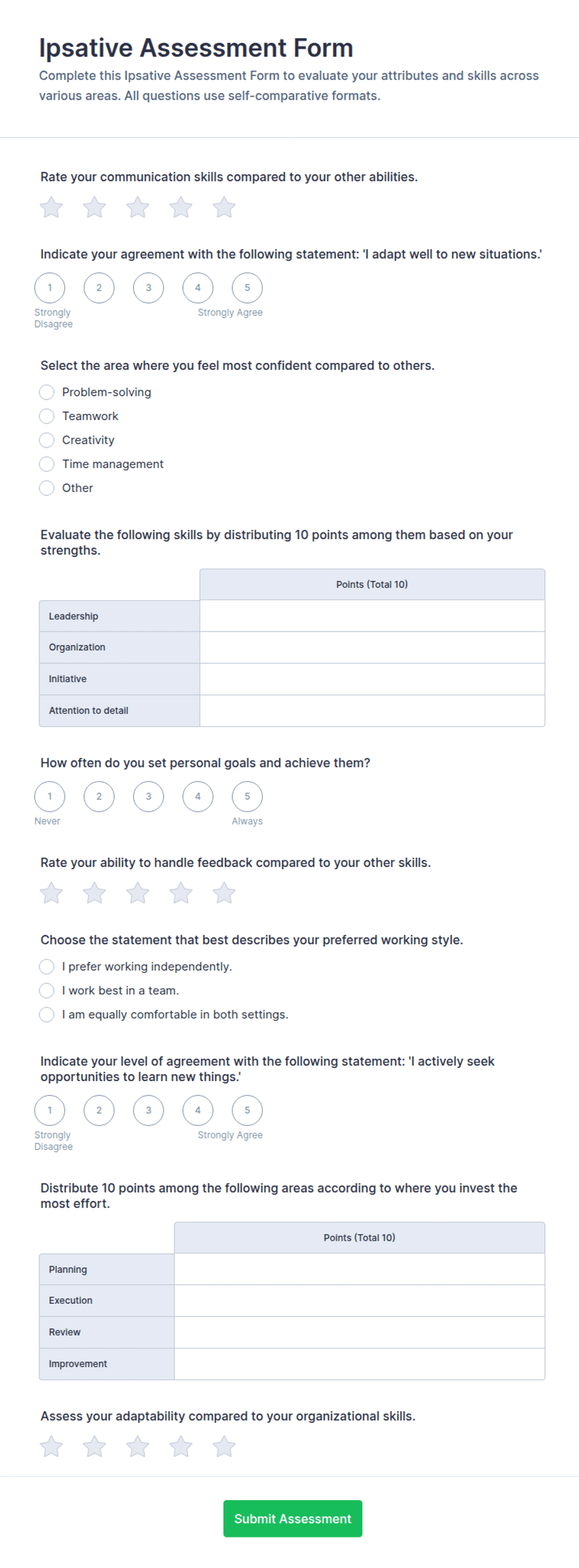 Ipsative Assessment Form Template | Jotform