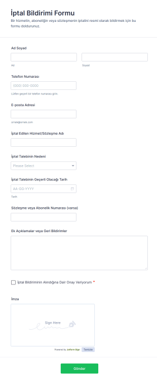 İptal Bildirimi Form Şablonu