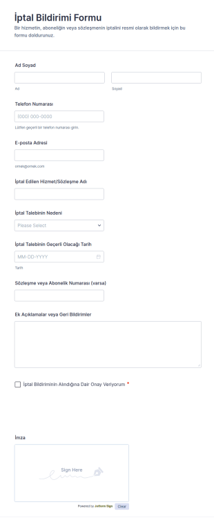İptal Bildirimi Form Şablonu