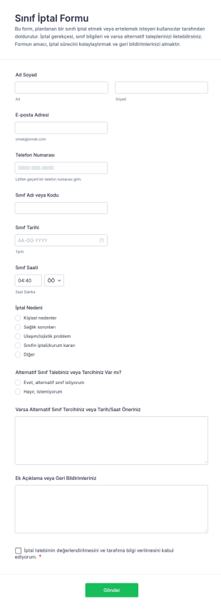 İptal Edilen Dersler Form Şablonu