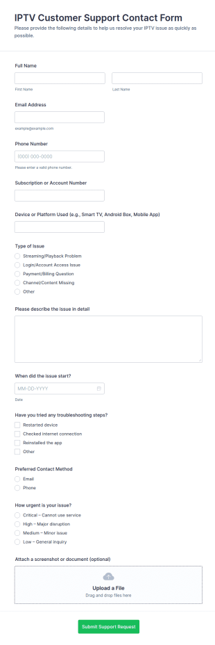 IPTV Customer Support Contact Form Template