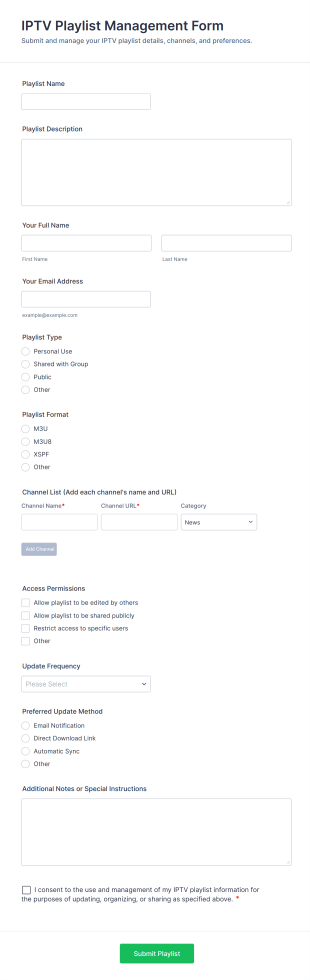 IPTV Playlist Management Form Template