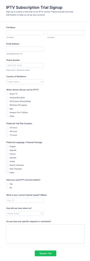 IPTV Subscription Trial Signup Form Template