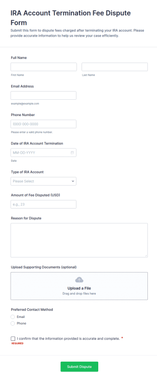 IRA Account Termination Fee Dispute Form Template