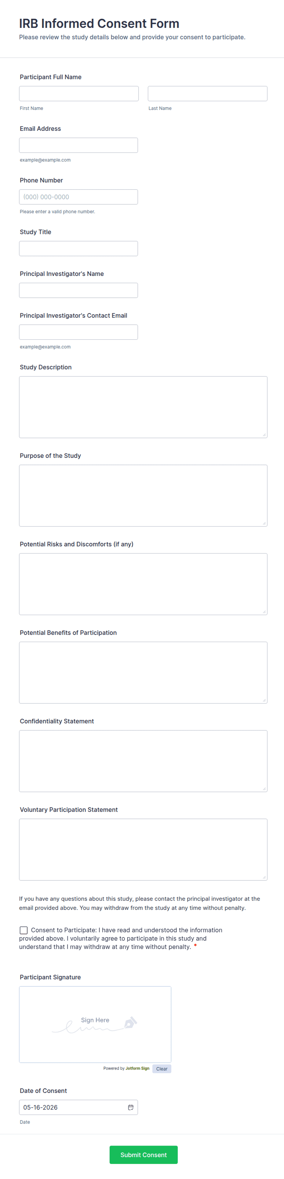 IRB Informed Consent Form Template Jotform