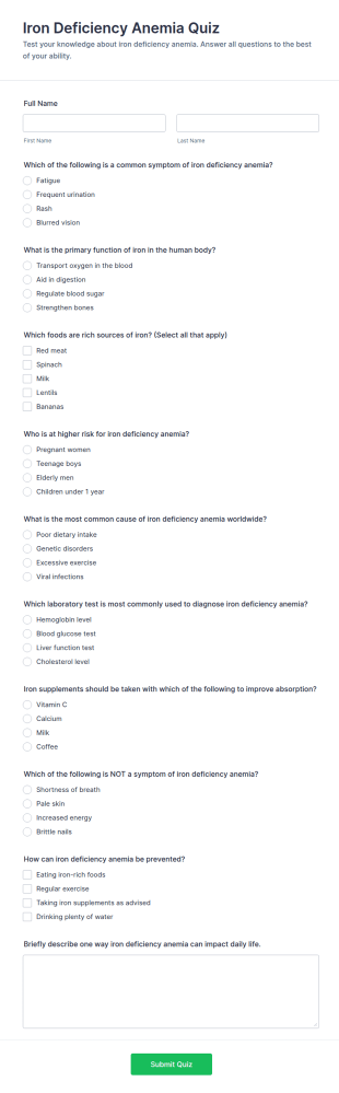 Iron Deficiency Anemia Quiz Form Template