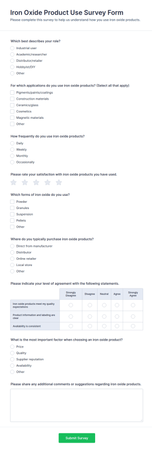 Iron Oxide Product Use Survey Form Template