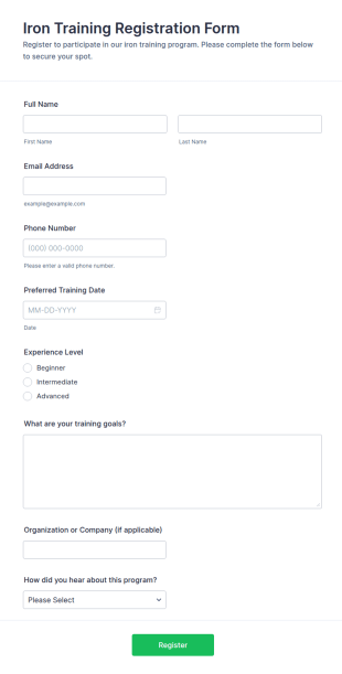 Iron Training Registration Form Template